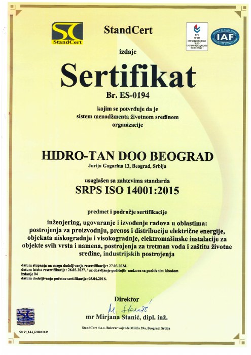 Sertifikat HIDRO-TAN ISO 14001:2015, broj ES-0194