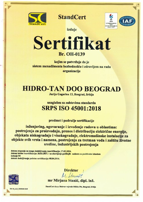 Sertifikat HIDRO-TAN ISO 45001:2018, broj OH-0139