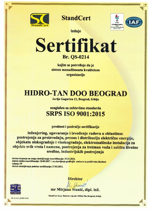 Sertifikat HIDRO-TAN ISO 9001:2015, broj QS-0214