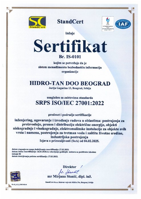 Sertifikat HIDRO-TAN ISO/IEC 27001:2022, broj IS-0101